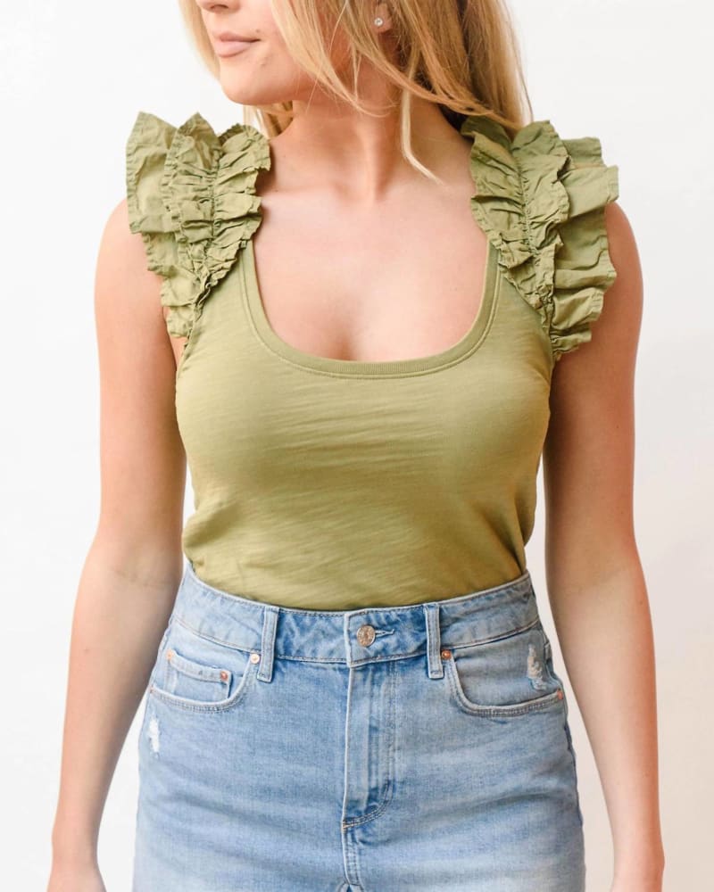 Front of a model wearing a size L Valentina Ruffled Tank in Lichen in Lichen by Nation LTD. | dia_product_style_image_id:343608